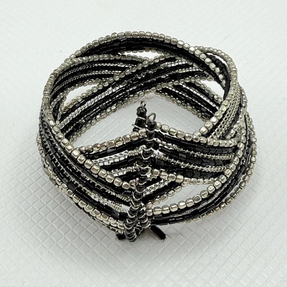 Vintage Black Glass Seed & Silver Tone Metal Braided Bead Weave Cuff Bracelet